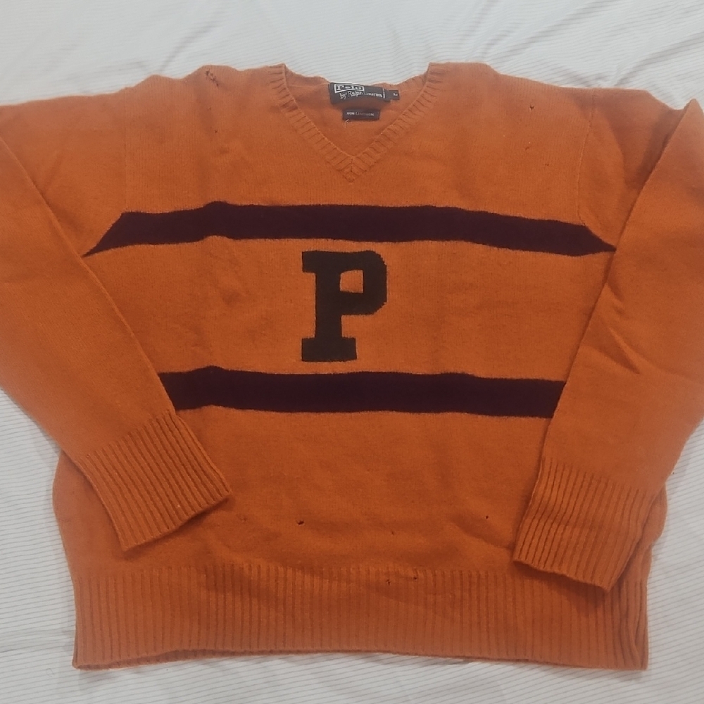 Polo by Ralph Lauren Orange V-Neck Sweater with Purple Stripes and Green P